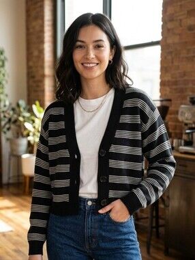 Ardene Black & White Striped Cardigan